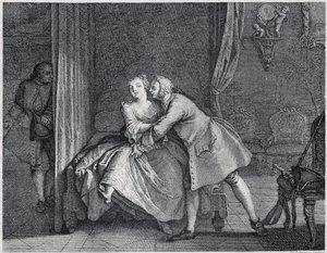 O auricultor e a ilustração do molde para Les contes de La Fontaine, cerca de 1743". gravura de Charles-Nicolas Cochin (1715-1790). de Charles Nicolas II Cochin