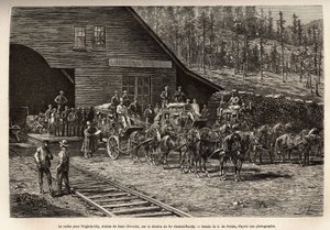 A estação de Reno, para levar o carrapato para Virginia City (Nevada), na Central Pacific Railway (Pacífico Central), gravada após o desenho de O. de Penne, ilustrando a viagem de Washington a São Francisco, em 1868, por L. Simonin, publicada em "Le t