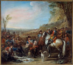 Parada dos granadeiros a cavalo da casa do rei (1734). No centro, Monsieur de Creil, Comandante. Pintura de Charles Parrocel (1688 - 1752)