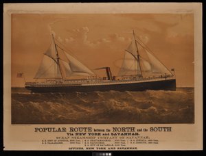 Rota popular entre o Norte e o Sul via Nova Iorque e Savannah, Ocean Steamship Company of Savannah... Cidade de Augusta... (litografia, colorida) de Charles Parsons