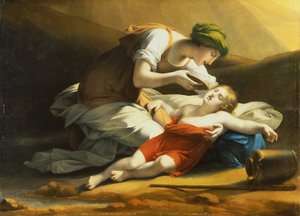 Hagar que dá água de Ismael do Poço Milagroso no Deserto (óleo sobre tela)