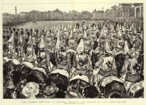 O aniversário da rainha em Londres, agrupando a cor nos guardas de cavalo