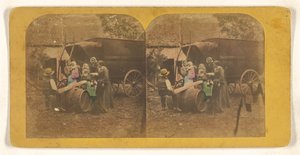 [Grupo familiar em frente a uma carroça, pai e filho em cima de uma serra improvisada]. de Charles Peeters