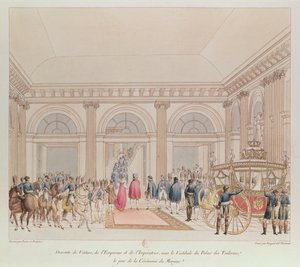 A descida do Imperador e Imperatriz da carruagem sob o vestíbulo do Palácio das Tulherias no dia do casamento (gravura a cores)