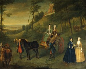 Damas e damas de honra em Greenwich Park: um retrato de grupo de Juliana, duquesa de Leeds, lady Charlotte Hamilton, lady Isabella Tufton e Henrietta, condessa de Pomfret, todos usando hábitos de cavalgar, com noivo e cavalos em frente ao observatório, 173