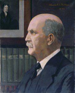 William Henry Bragg (1862-1942) com uma foto de Michael Faraday (1791-1867) ao fundo, 1939