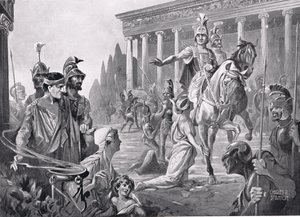 Alexandre no saque de Tebas em 335 a.C., ilustração da "História das Nações de Hutchinson de Charles Rebel Stanton