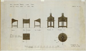 Projetos para escrivaninhas mostrados em alçados frontais e laterais, para as salas de chá da Ingram Street, 1909 de Charles Rennie Mackintosh