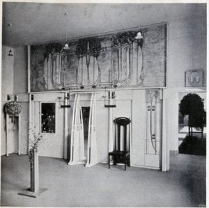 Vista interna de um salão de arte decorativa em Viena, por volta de 1900 (decoração e mobiliário de Charles Rennie e Margaret MacDonald Mackintosh) de Charles Rennie Mackintosh