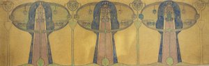 Friso decorativo de figuras humanas estilizadas, árvore e planta formas, c.1895 (lápis e aquarela em papel de arte cinza) de Charles Rennie Mackintosh