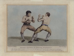 Os lutadores ingleses Daniel Mendoza e Richard Humphreys no seu combate de boxe a 29 de Setembro de 1790 (gravura) de Charles Reuben (after) Ryley