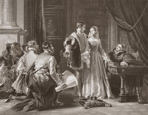 A relutância de Lady Jane Grey em aceitar a coroa, gravada por A.H. Payne (litho)