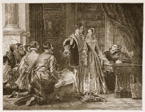 Relutância da senhora Jane Grey para aceitar a coroa, Sion House, 8 de julho de 1553, ilustração de "A Igreja da Inglaterra: Uma história para o povo" por HDM Spence-Jones, pub. c.1910 (foto sépia