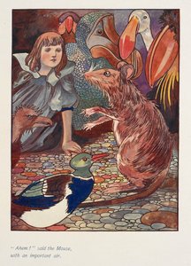 "Ahem!" disse o rato, com um ar importante.
Alice com um rato e outros animais. de Charles Robinson