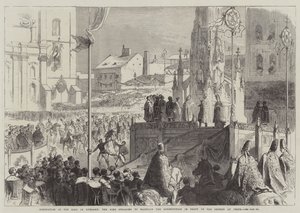 Coroação do rei da Hungria, o rei jurando manter a Constituição na frente da igreja em Pesth