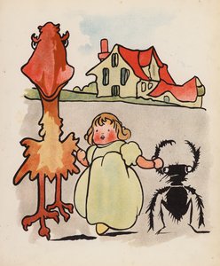 Disparate: Bebé, pássaro e escaravelho a passear (litografia a cores) de Charles Robinson