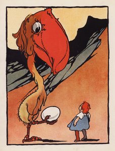 Disparate: Rapaz com um pássaro estranho a segurar um ovo (litografia a cores) de Charles Robinson