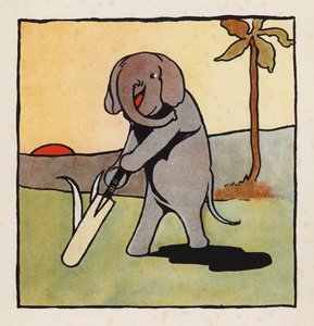 Disparates: Elefante a jogar críquete (litografia a cores) de Charles Robinson