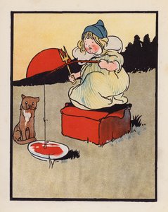 Disparate: Criança a pescar num prato (litografia a cores) de Charles Robinson
