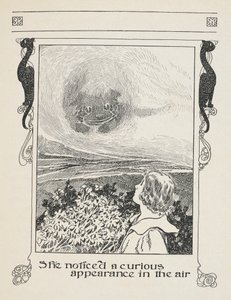 Reparou num aspeto curioso no ar.
Alice e o gato de Cheshire. de Charles Robinson