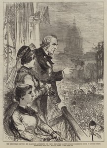 A eleição de Midlothian, Sr. Gladstone que endereça a multidão do balcão da casa do senhor Rosebery, em George-rua, Edimburgo, oito horas, segunda-feira, abril 5