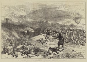 A guerra, batalha de Kniejesevacz, a primeira brigada de infantaria, sob Hafiz Pasha, atacando os Servos em uma floresta