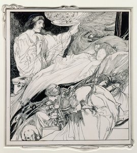Lá coloca, olhando tão bonito, ilustração do Briar Rosa, os anais verdadeiros do Fairyland - o reino do rei Herla, bar. por JM Dent & Co. Ltd., 1900 de Charles Robinson