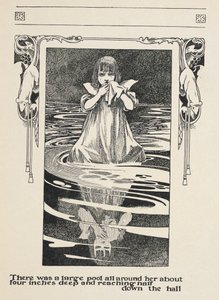 Havia uma grande piscina à sua volta, com cerca de cinco centímetros de profundidade e que chegava a metade do corredor.
A Alice estava a chorar na poça de lágrimas. de Charles Robinson
