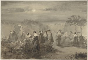 Empresa de senhoras e senhores num pátio iluminado pela lua com roseiras de Charles Rochussen