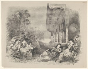 Cena do jogo com mulheres orientais Anúncios de balés e peças realizadas no Amsterdam City Theatre (título da série) de Charles Rochussen