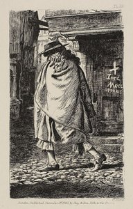 Uma figura encapuzada passando pela rua (na época da peste em Londres)