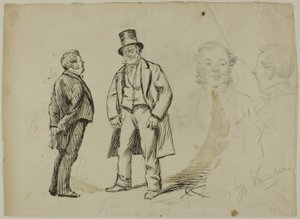 Esboço de dois homens em pé e dois retratos de Charles Samuel Keene