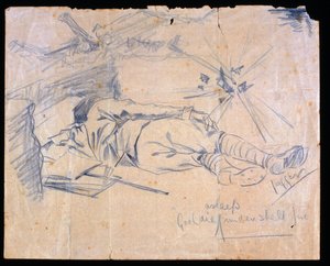 Tenente Leslie Gooldie adormecida sob fogo de concha, 1915