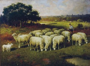 Um pastor com suas ovelhas no campo, 1898 de Charles T. Phelan