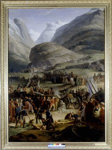 O exército francês na vila de Saint Pierre para a travessia da passagem de Saint Bernard - por Charles Thévenin, pintura a óleo, início do século XIX. de Charles Thevenin