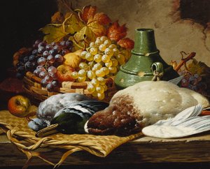 Um pato-real e um pombo com uma cesta de maçãs e uvas em uma borda de madeira,
