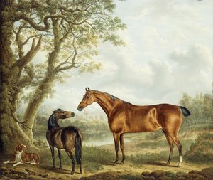 Caçadores e um Spaniel em uma paisagem extensa, 1827 de Charles Towne