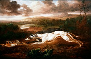 Dois galgos que andam de galgo com uma lebre (óleo sobre painel)