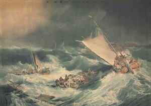 Um naufrágio com barcos tentando salvar a tripulação