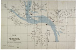 Esboço mostrando as defesas e canais de Charleston Harbour, junho de 1864 (tinta sobre oleado) de Charles V. Bartelle