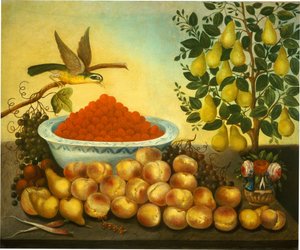 Natureza morta: fruta, pássaro e pera anã de Charles V. Bond