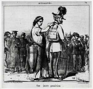 Um castigo justo: A Europa anexa uma placa com a inscrição "travesseiro, mentiroso, etc" no verso de uma personagem vestindo um uniforme austríaco, usando bigodes e favoritos (Imperador Francisco José I da Áustria 1830-1916). Ilustração de Charles Vernier  de Charles Vernier