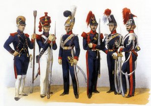 Uniformes do exército francês: Guarda Nacional (Artilharia e Cavalaria) 18-19 século, gravura de Charles Vernier (1831-1887)