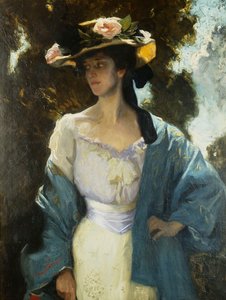 Retrato de Frances Josephine Furse, cunhada da artista, vestindo uma jaqueta azul oriental, 1903