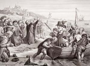 Partida dos Padres Peregrinos de Delft Haven em julho de 1620, de &39;Ilustrações da História Escocesa e Inglesa&39; Volume I (gravura)