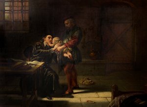 O martírio de Laurence Saunders em Coventry, central, painel de mão do tríptico, 1851