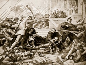 A defesa de Basing House, 1645, ilustração da "Hutchinson&39;s Story ofthe British Nation", c.1923 de Charles West Cope