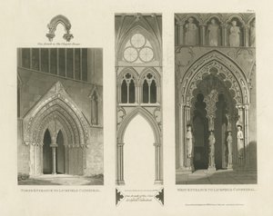 Catedral de Lichfield - entrada oeste, entrada norte e nave: gravura em aquatinta de Charles Wild