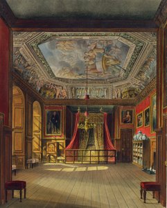 Cama da rainha Anne, castelo de Windsor, de "residências reais", gravada por Thomas Sutherland (b.1785), bar. por William Henry Pyne (1769-1843), 1816 (aquatinta)