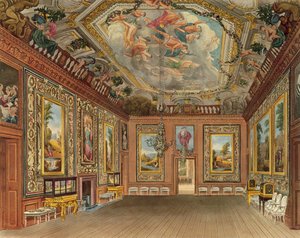 A sala de estar da rainha, castelo de Windsor, de "residências reais", gravada por Thomas Sutherland (b.1785), bar. por William Henry Pyne (1769-1843), 1816 (aquatinta)